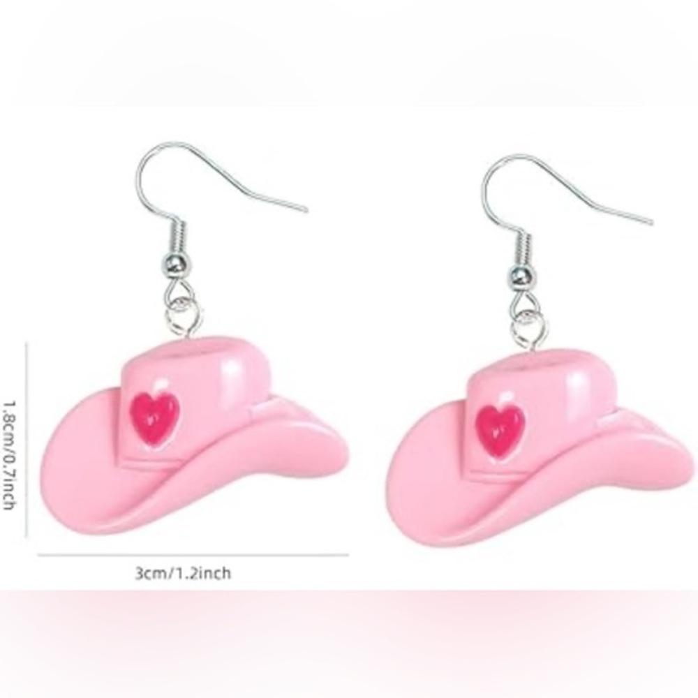 NWT - Pink Cowboy Hat with Red Heart acrylic dangle earrings set single sided